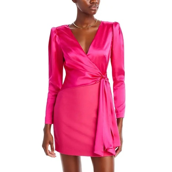 New Cinq a Sept Layne Long Sleeve Satin Faux Wrap Mini Dress Pink Dahlia Sz 8 - Picture 1 of 16